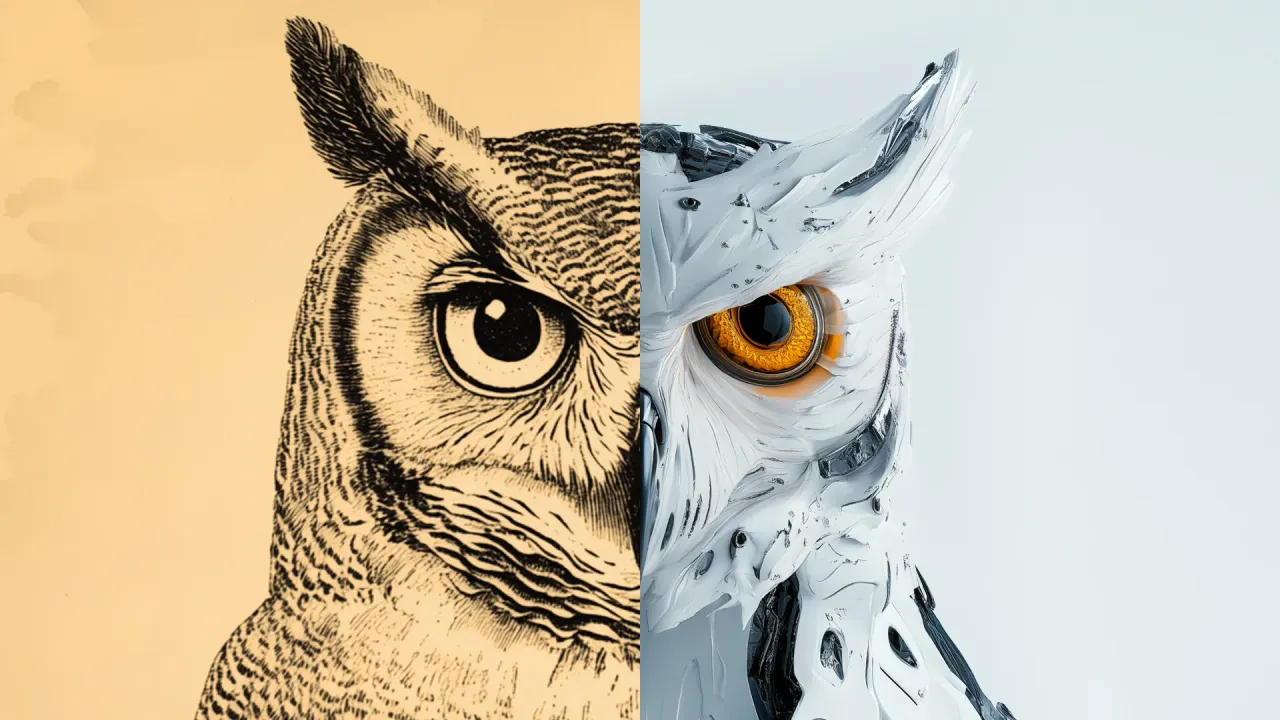 A split image of an owl: the left side is a vintage ink drawing, the right side is a futuristic, robotic interpretation.